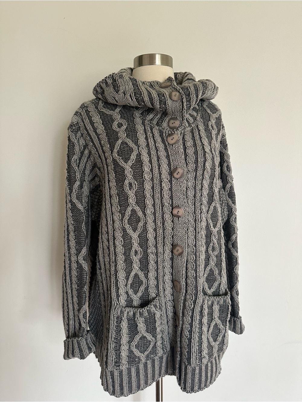 Aran Crafts Ireland 100% Merino Wool Chunky Cable Knit Cardigan Sweater XL